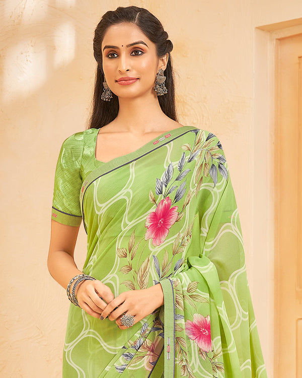 Vishal Prints Moss Green Printed Georgette Saree With Fancy Border