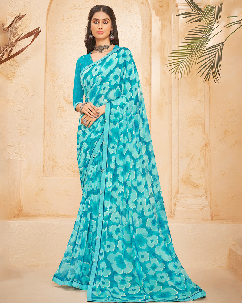 Vishal Prints Dark Turquoise Blue Printed Georgette Saree With Fancy Border