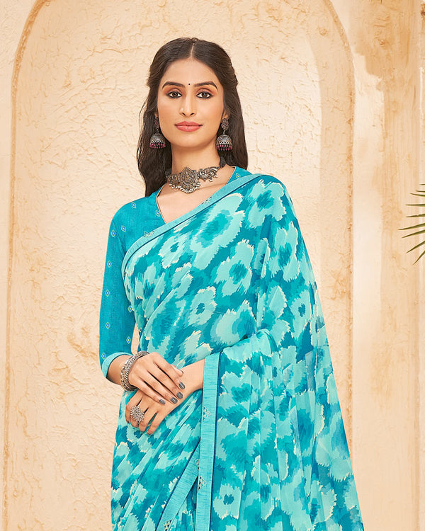 Vishal Prints Dark Turquoise Blue Printed Georgette Saree With Fancy Border