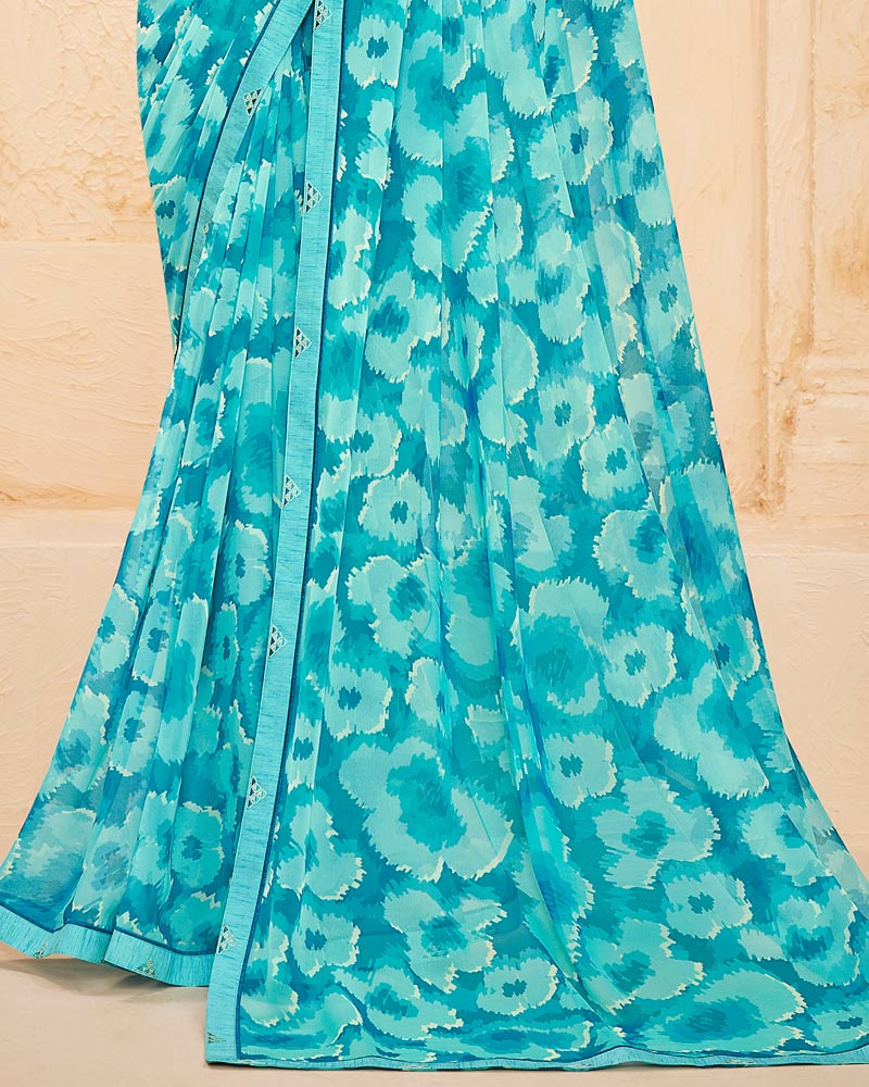Vishal Prints Dark Turquoise Blue Printed Georgette Saree With Fancy Border
