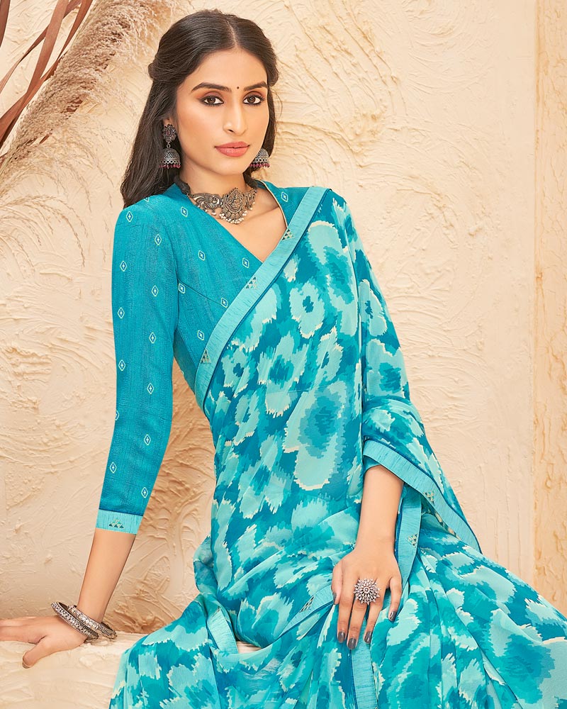 Vishal Prints Dark Turquoise Blue Printed Georgette Saree With Fancy Border