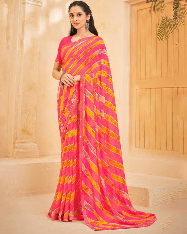 Vishal Prints Red Pink Printed Georgette Saree With Fancy Border
