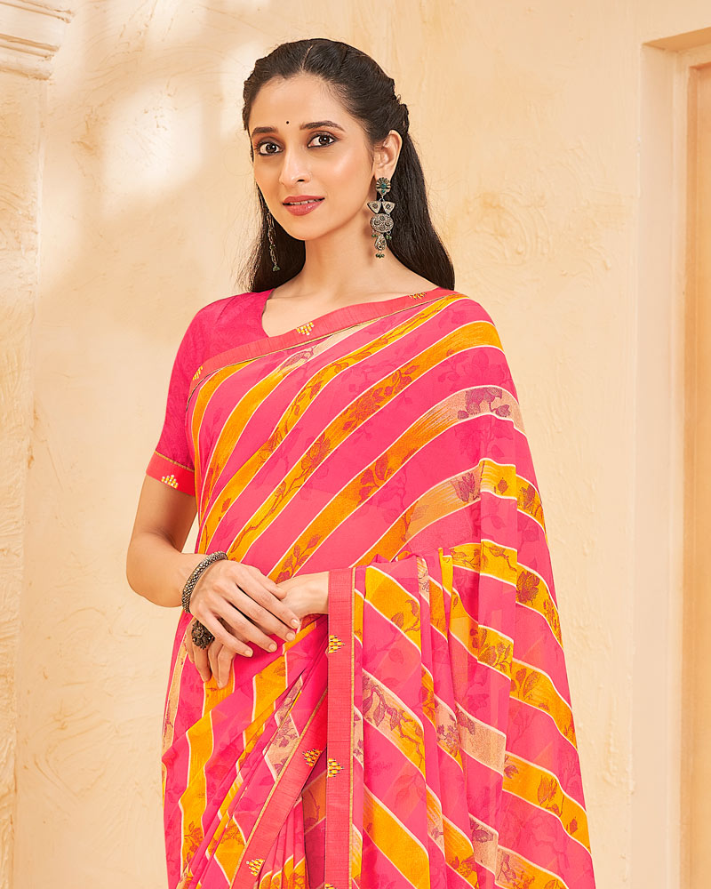 Vishal Prints Red Pink Printed Georgette Saree With Fancy Border