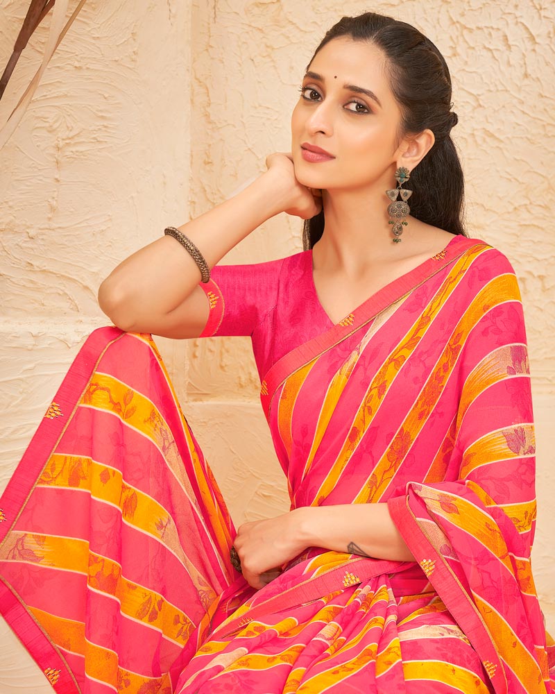 Vishal Prints Red Pink Printed Georgette Saree With Fancy Border