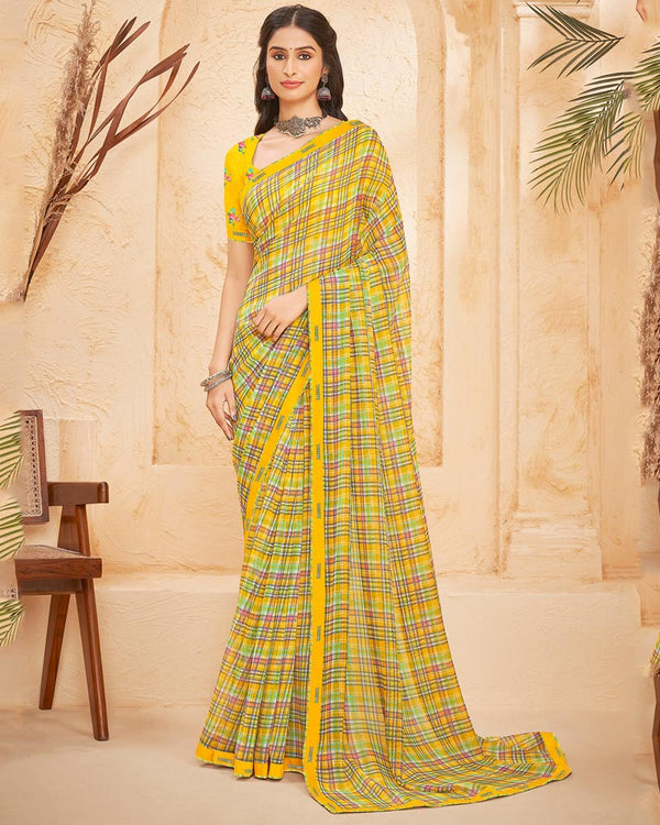 Vishal Prints Golden Yellow Printed Georgette Saree With Fancy Border