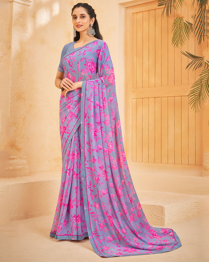 Vishal Prints Cool Grey Printed Georgette Saree With Fancy Border