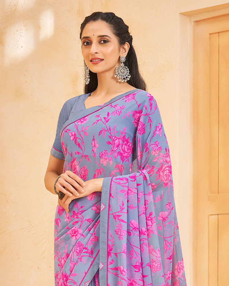 Vishal Prints Cool Grey Printed Georgette Saree With Fancy Border