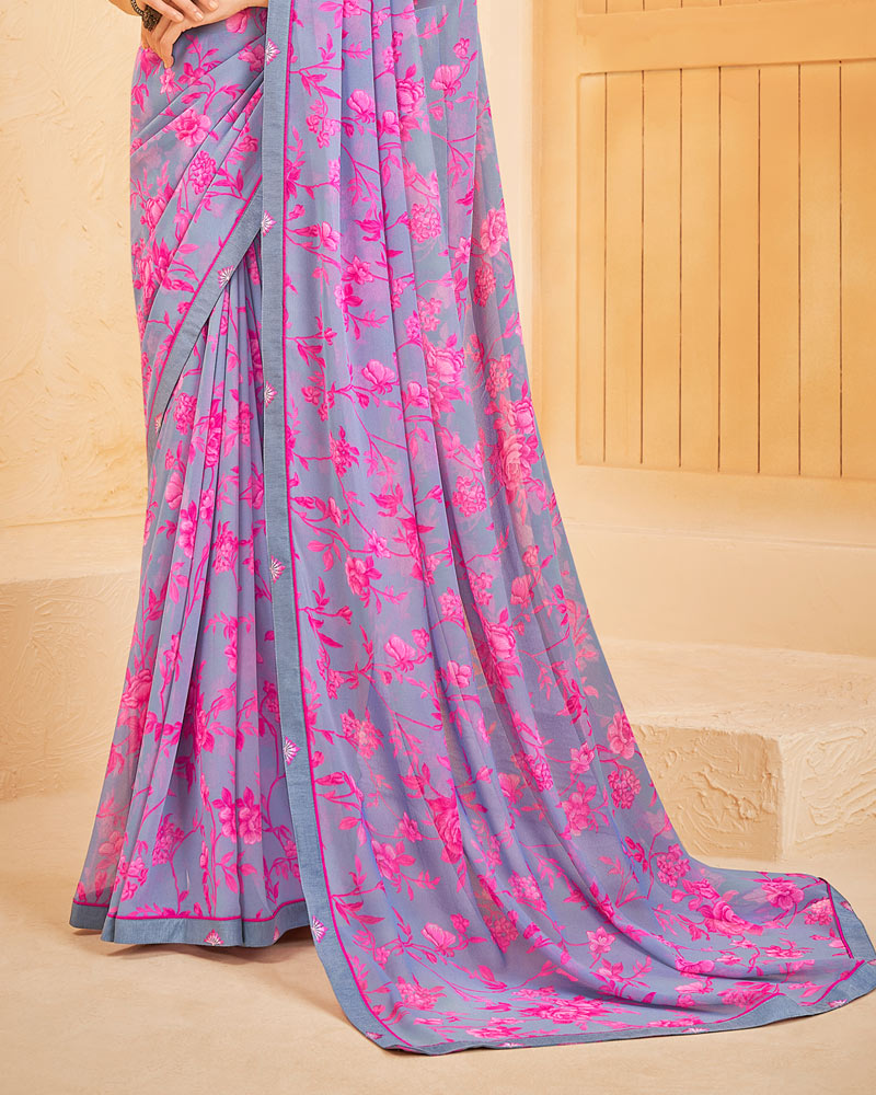 Vishal Prints Cool Grey Printed Georgette Saree With Fancy Border