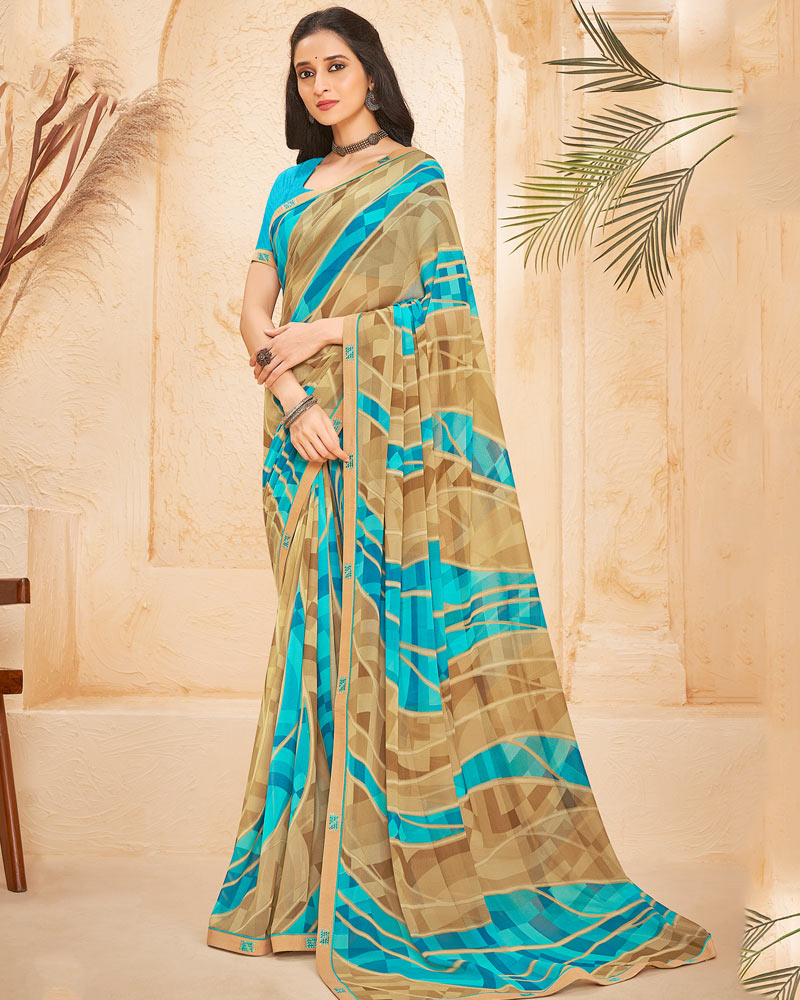 Vishal Prints Fawn Printed Georgette Saree With Fancy Border