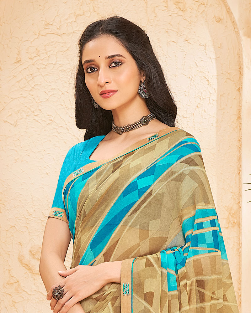 Vishal Prints Fawn Printed Georgette Saree With Fancy Border