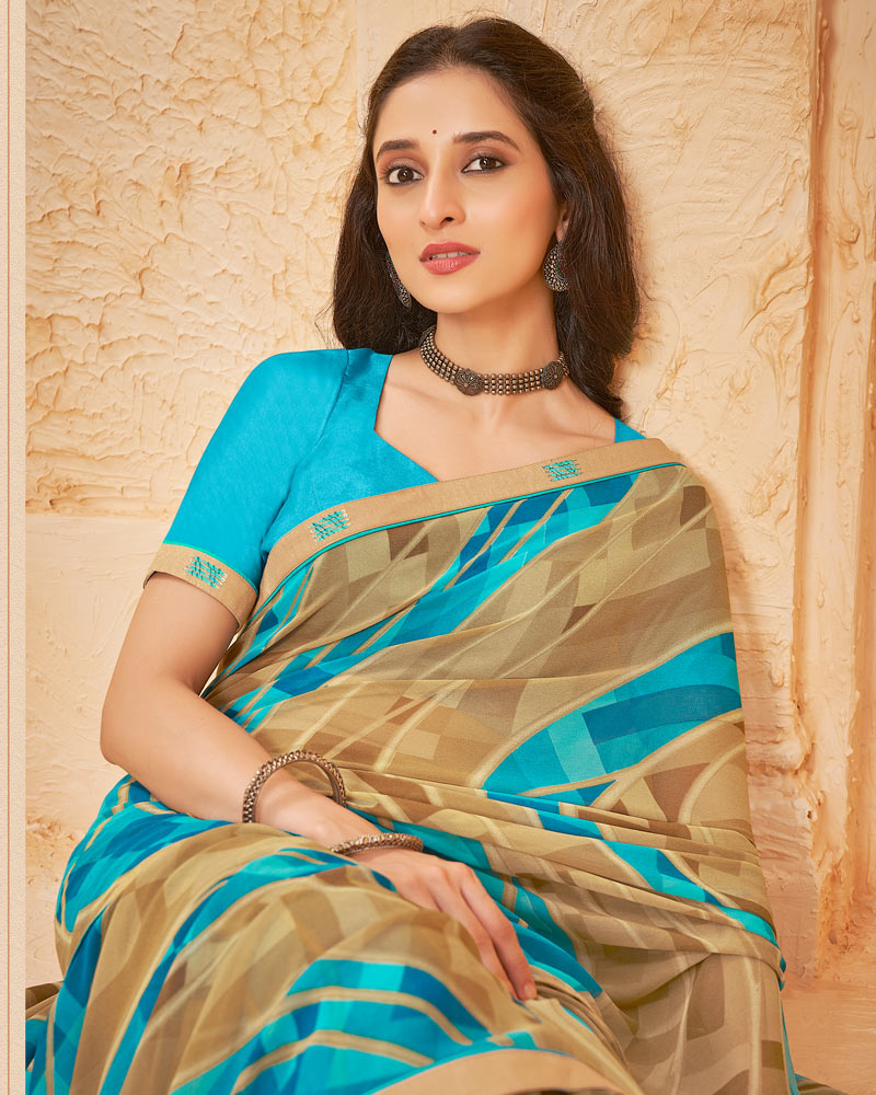 Vishal Prints Fawn Printed Georgette Saree With Fancy Border