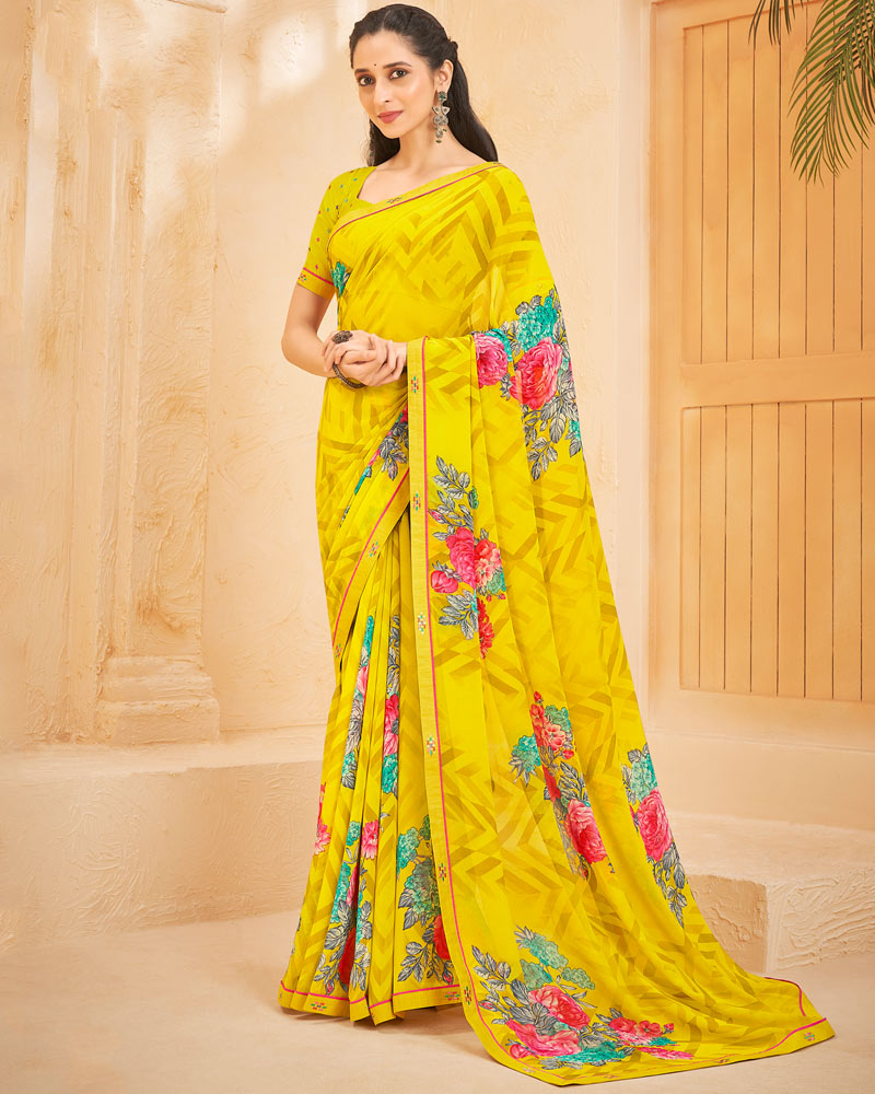 Vishal Prints Yellow Printed Georgette Saree With Fancy Border