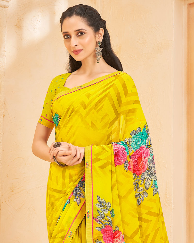 Vishal Prints Yellow Printed Georgette Saree With Fancy Border