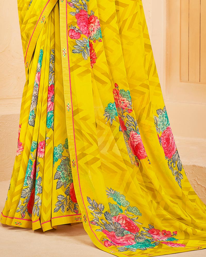Vishal Prints Yellow Printed Georgette Saree With Fancy Border