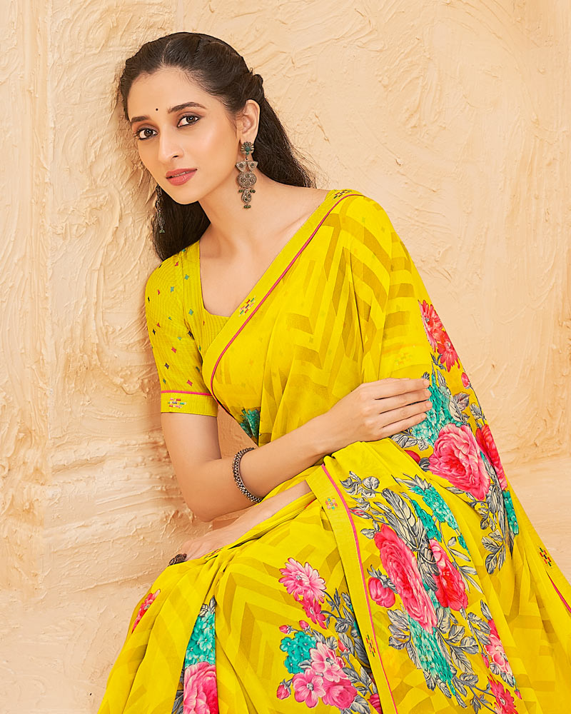 Vishal Prints Yellow Printed Georgette Saree With Fancy Border