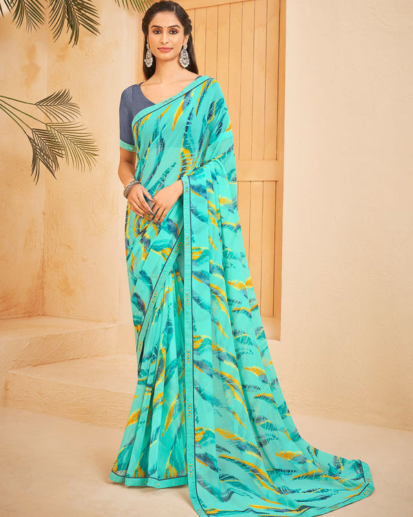 Vishal Prints Turquoise Blue Printed Georgette Saree With Fancy Border