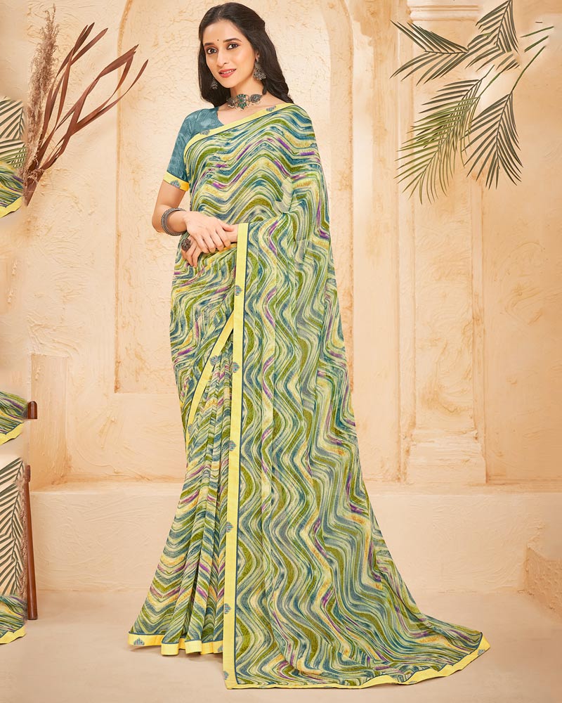 Vishal Prints Pastel Yellow Printed Georgette Saree With Fancy Border