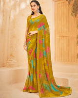 Vishal Prints Dark Mustard Printed Georgette Saree With Fancy Border