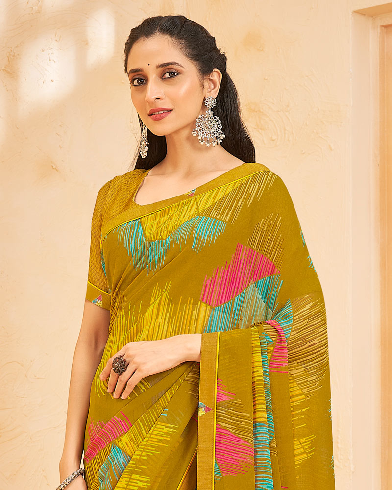 Vishal Prints Dark Mustard Printed Georgette Saree With Fancy Border
