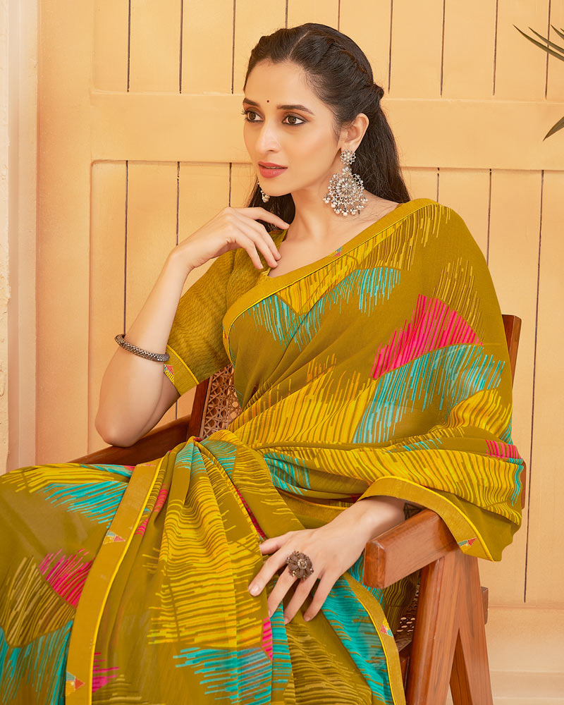 Vishal Prints Dark Mustard Printed Georgette Saree With Fancy Border