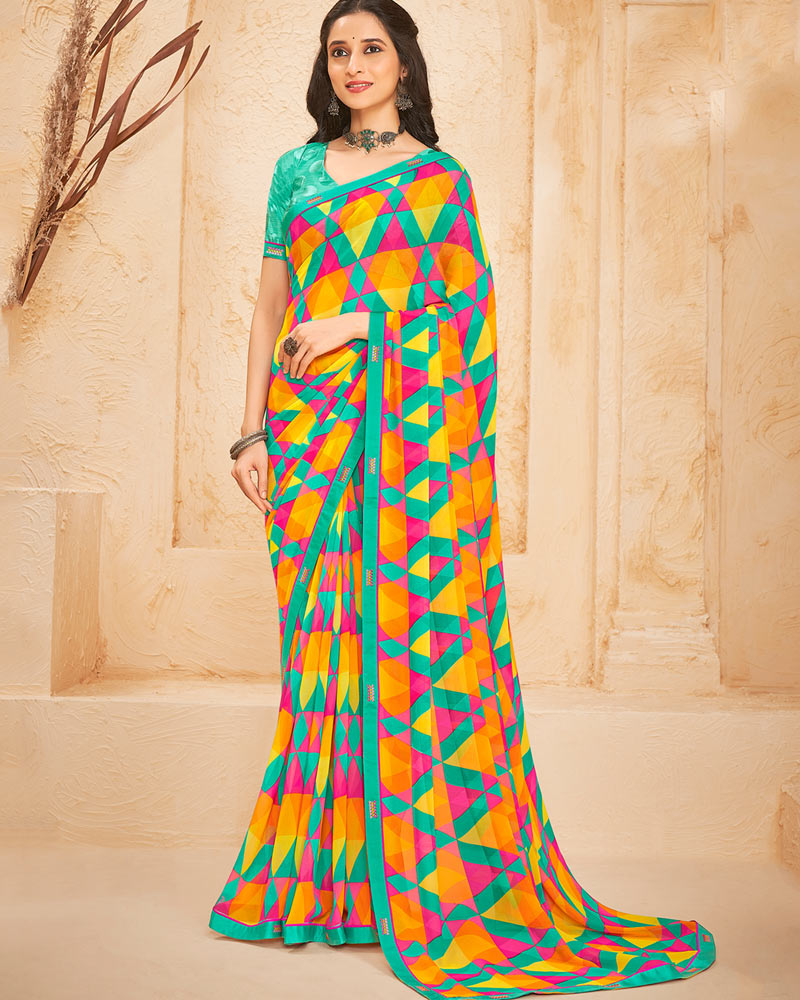 Vishal Prints Aqua Green Printed Georgette Saree With Fancy Border