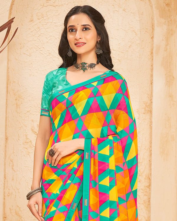 Vishal Prints Aqua Green Printed Georgette Saree With Fancy Border