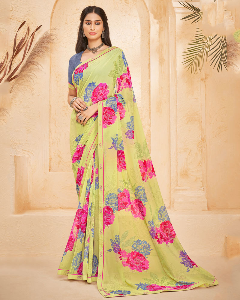 Vishal Prints Pastel Yellow Printed Georgette Saree With Fancy Border
