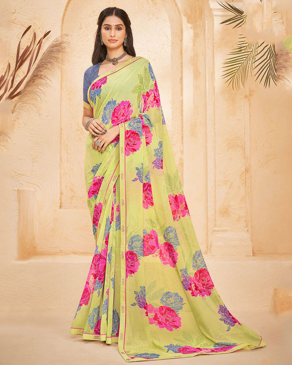 Vishal Prints Pastel Yellow Printed Georgette Saree With Fancy Border