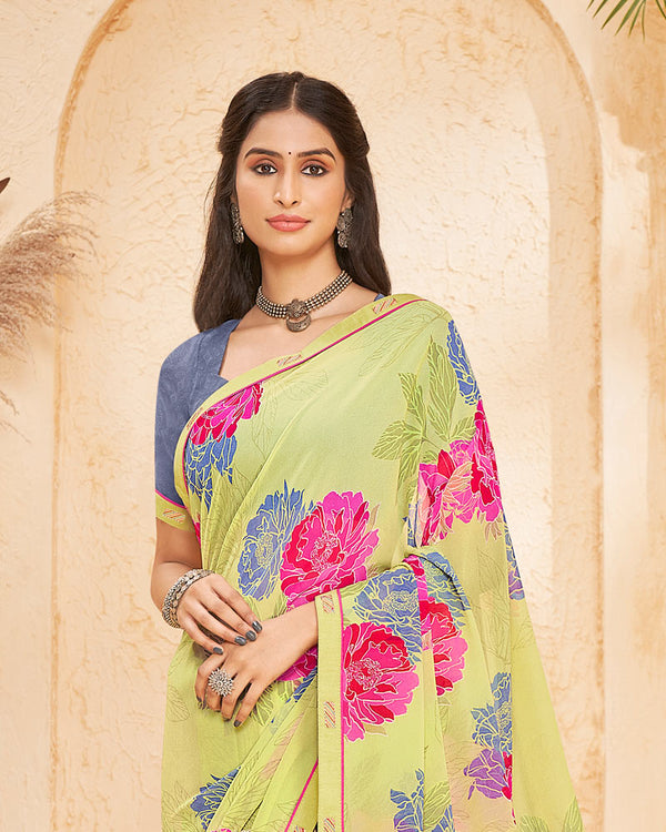 Vishal Prints Pastel Yellow Printed Georgette Saree With Fancy Border
