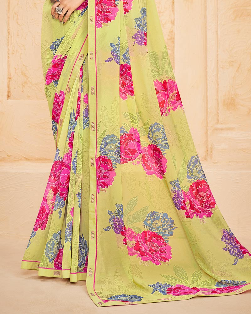 Vishal Prints Pastel Yellow Printed Georgette Saree With Fancy Border