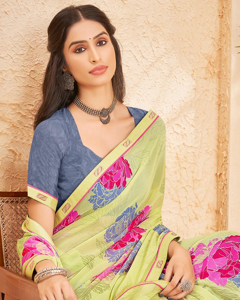 Vishal Prints Pastel Yellow Printed Georgette Saree With Fancy Border