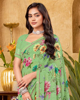 Vishal Prints Pistachio Green Printed Patterned Georgette Digital Print Saree With Fancy Border
