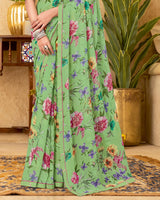 Vishal Prints Pistachio Green Printed Patterned Georgette Digital Print Saree With Fancy Border
