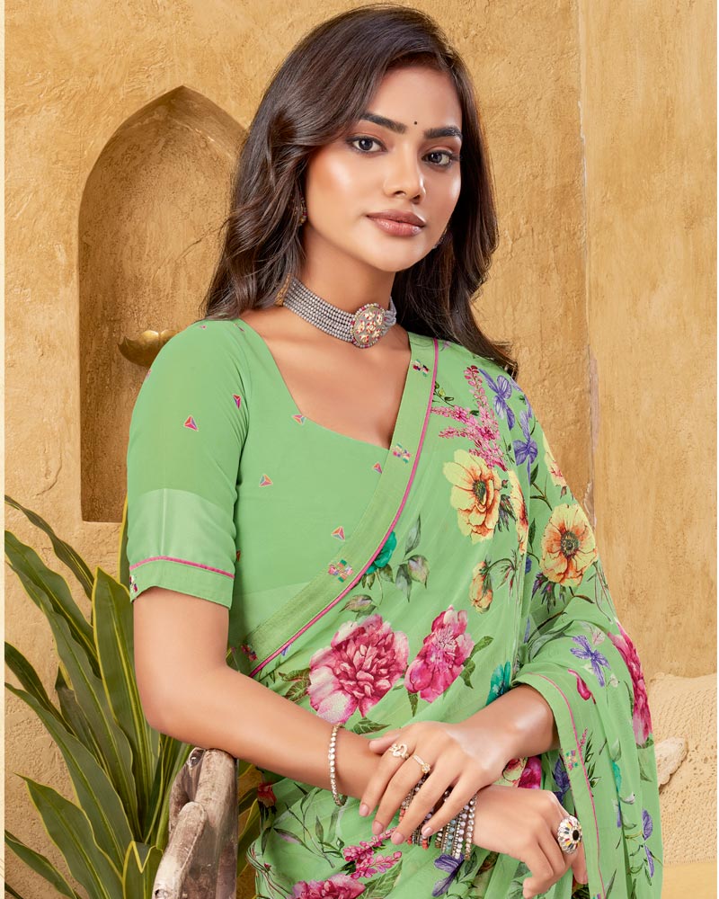 Vishal Prints Pistachio Green Printed Patterned Georgette Digital Print Saree With Fancy Border
