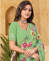 Vishal Prints Pistachio Green Printed Patterned Georgette Digital Print Saree With Fancy Border