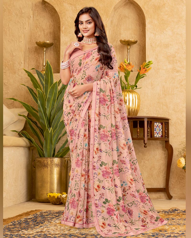 Vishal Prints Blush Peach Printed Patterned Georgette Digital Print Saree With Fancy Border