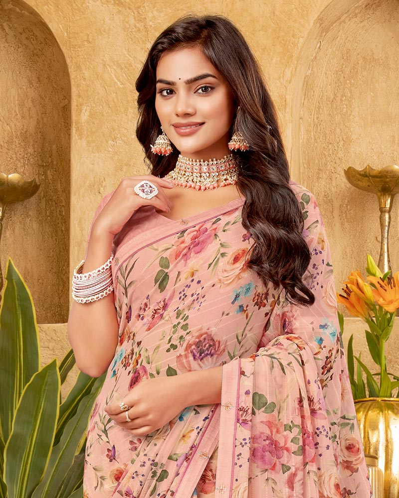 Vishal Prints Blush Peach Printed Patterned Georgette Digital Print Saree With Fancy Border