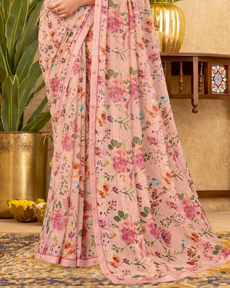 Vishal Prints Blush Peach Printed Patterned Georgette Digital Print Saree With Fancy Border