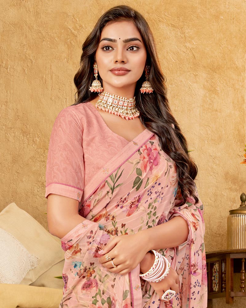 Vishal Prints Blush Peach Printed Patterned Georgette Digital Print Saree With Fancy Border