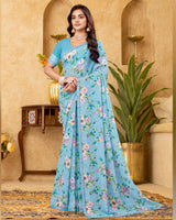 Vishal Prints Sky Blue Printed Patterned Georgette Digital Print Saree With Fancy Border
