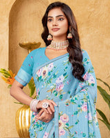 Vishal Prints Sky Blue Printed Patterned Georgette Digital Print Saree With Fancy Border