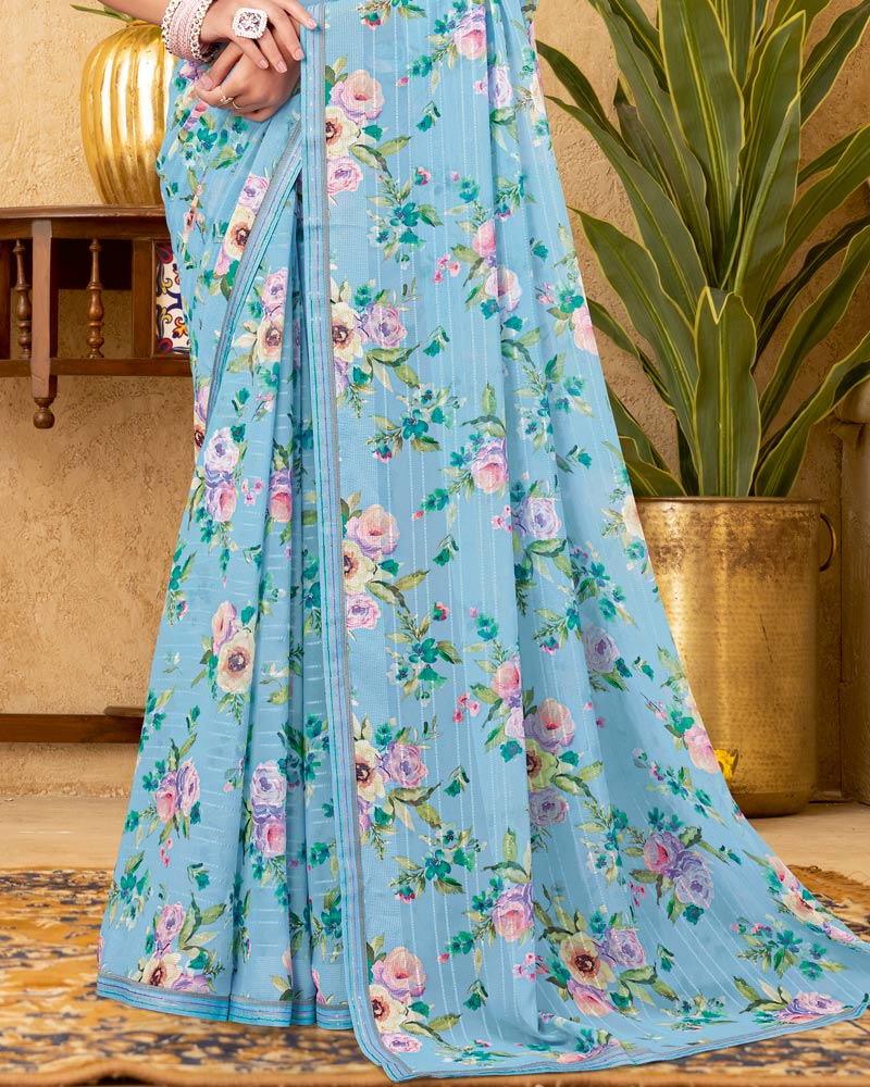 Vishal Prints Sky Blue Printed Patterned Georgette Digital Print Saree With Fancy Border