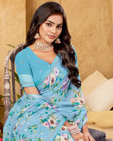 Vishal Prints Sky Blue Printed Patterned Georgette Digital Print Saree With Fancy Border