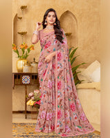 Vishal Prints Dusty Rose Printed Patterned Georgette Digital Print Saree With Fancy Border