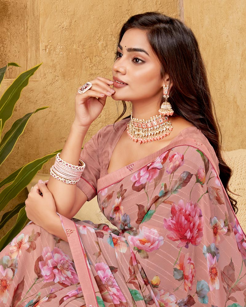 Vishal Prints Dusty Rose Printed Patterned Georgette Digital Print Saree With Fancy Border