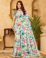 Vishal Prints Ivory Yellow Printed Patterned Georgette Digital Print Saree With Fancy Border