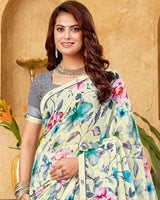 Vishal Prints Ivory Yellow Printed Patterned Georgette Digital Print Saree With Fancy Border
