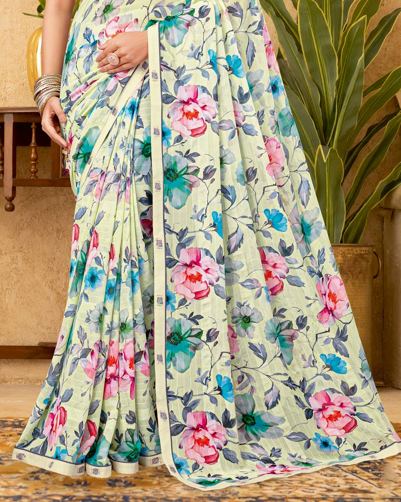 Vishal Prints Ivory Yellow Printed Patterned Georgette Digital Print Saree With Fancy Border