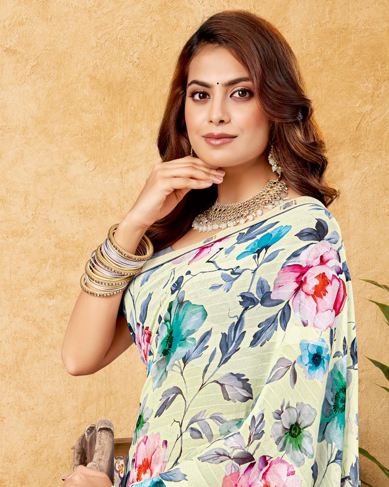 Vishal Prints Ivory Yellow Printed Patterned Georgette Digital Print Saree With Fancy Border