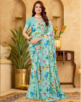 Vishal Prints Mint Green Printed Patterned Georgette Digital Print Saree With Fancy Border